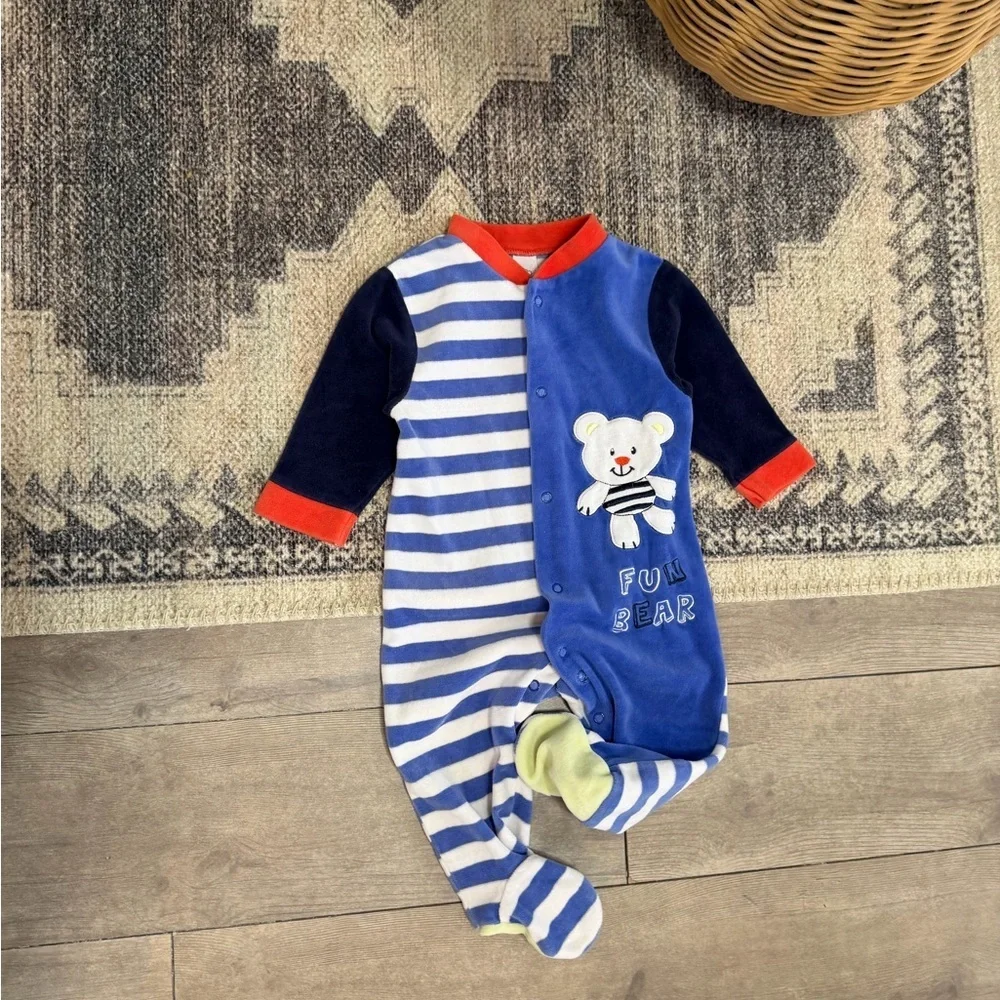 Vintage Baby Boy Color Block Striped Bear Terry Cloth Footies Size 6-9 Months